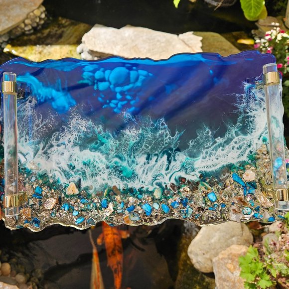 Hand poured Epoxy resin ocean perfume and jewelry tray 14X7 with acyrlic handles - Picture 1 of 5